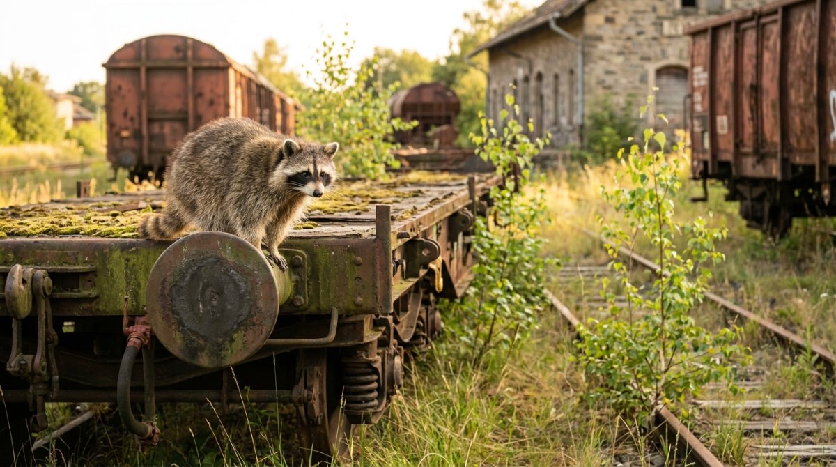 Waschbär auf einem ausgemusterten Güterwagen am zugewachsenen Abstellgleis – Notizen auswerten statt abstellen