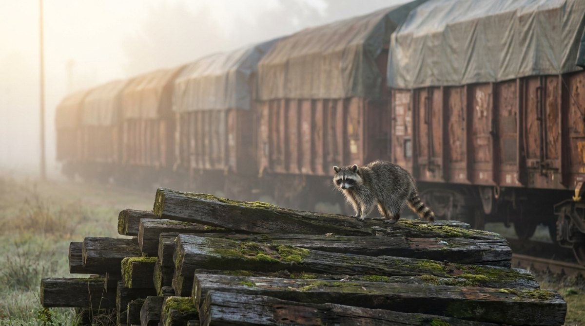 Waschbär auf einem Stapel alter Schwellen vor abgestellten Güterwagen im Nebel – Notizen auswerten wie eine Inventur