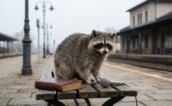 Poetry Slam oder Gedicht: ein Waschbär sitzt auf einer Bahnsteigbank zwischen einem alten Buch und einem Mikrofon