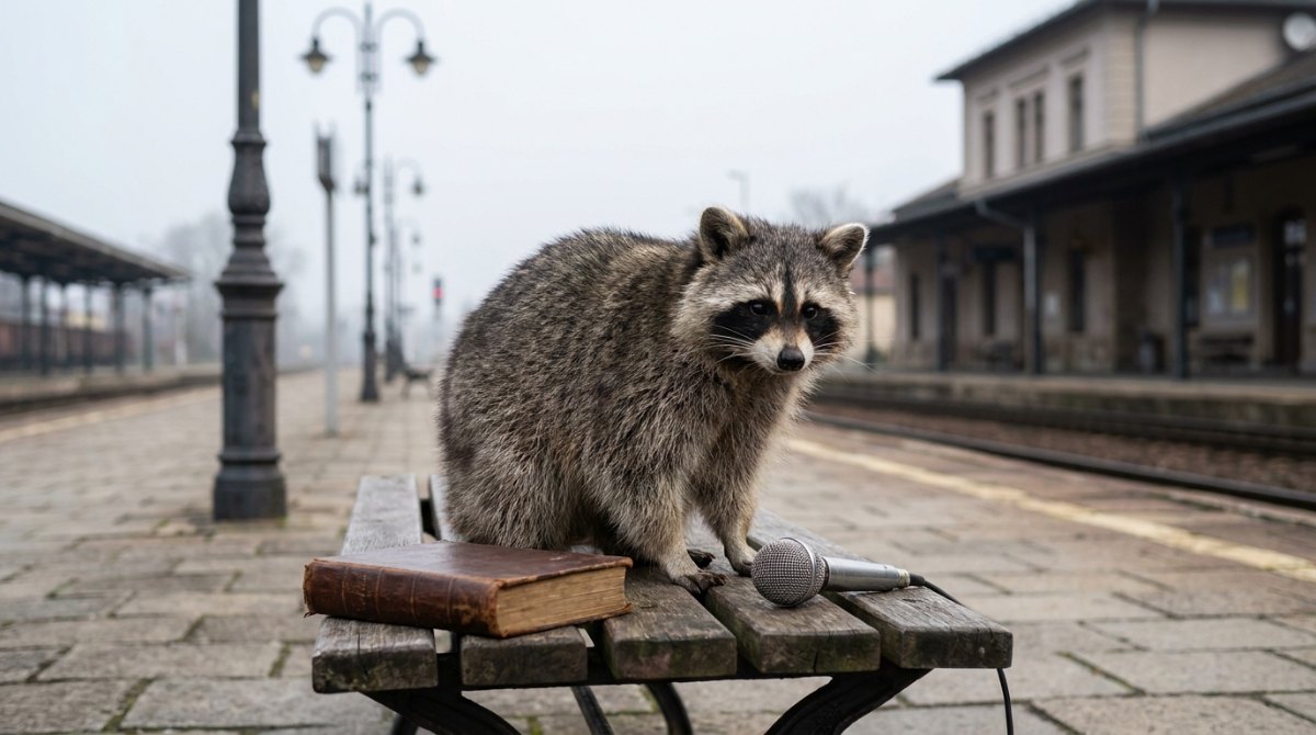 Poetry Slam oder Gedicht: ein Waschbär sitzt auf einer Bahnsteigbank zwischen einem alten Buch und einem Mikrofon