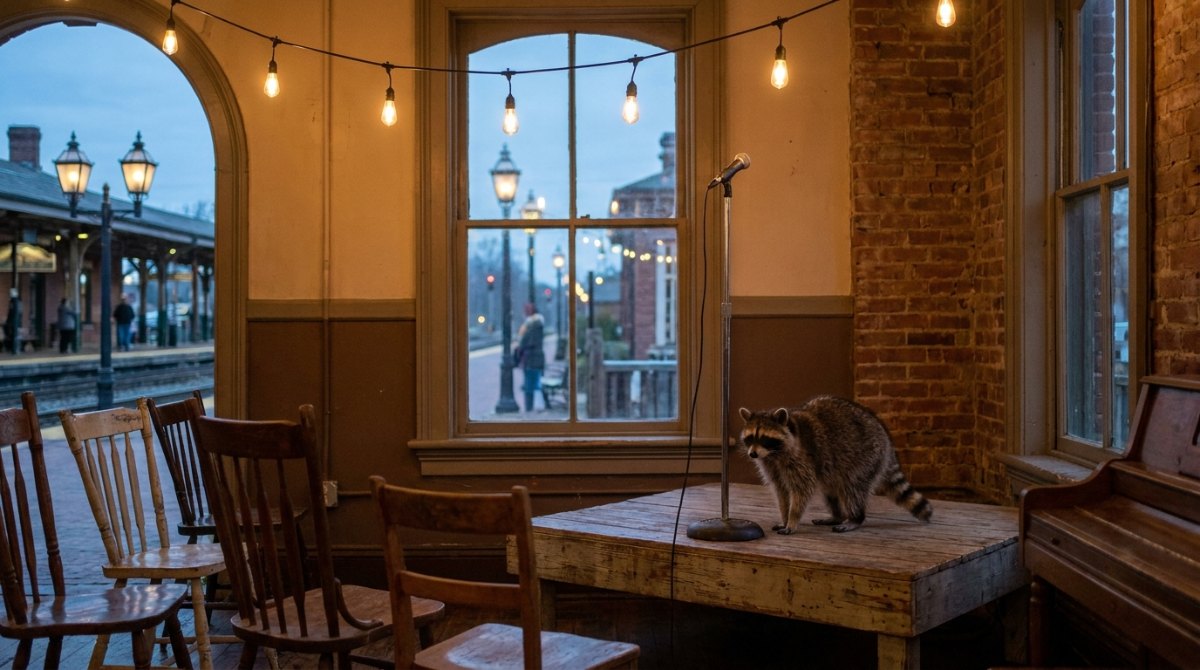 Offene Liste Poetry Slam: Waschbär neben dem Mikrofon auf der kleinen Bühne im alten Wartesaal