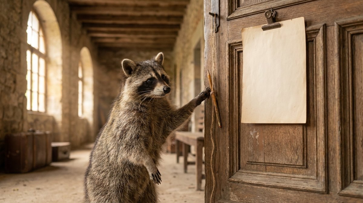 Offene Liste Poetry Slam: Waschbär am leeren Anmeldezettel mit Bleistift an der Tür