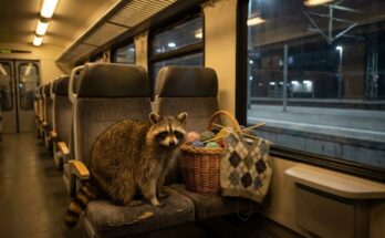 Olaf Schubert als Kunstfigur: Waschbär im leeren Regionalzug neben Strickkorb und Pullunder mit Rautenmuster