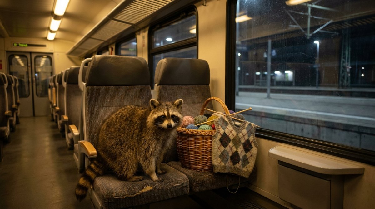 Olaf Schubert als Kunstfigur: Waschbär im leeren Regionalzug neben Strickkorb und Pullunder mit Rautenmuster