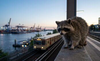 Olympia, Hamburg, Poetry Slam: Waschbär auf der Bahnsteigkante einer Hochbahn am Hafen in der Abenddämmerung