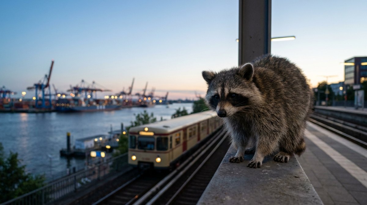 Olympia, Hamburg, Poetry Slam: Waschbär auf der Bahnsteigkante einer Hochbahn am Hafen in der Abenddämmerung
