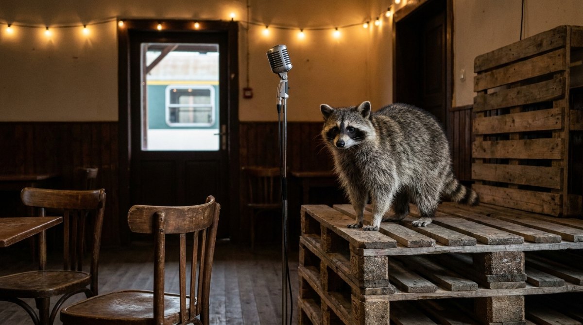 Kleine Bühne statt großer Show: Waschbär auf einer Palettenbühne neben dem Mikrofon im Hinterzimmer einer Bahnhofskneipe