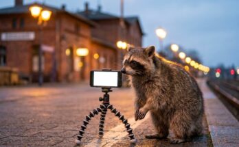 Online-Slams: Waschbär vor einem Smartphone auf einem Stativ am Bahnsteig in der Dämmerung