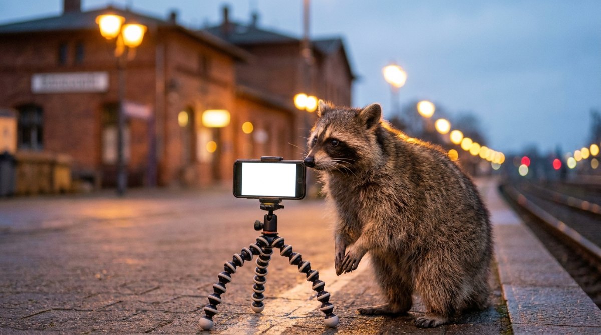 Online-Slams: Waschbär vor einem Smartphone auf einem Stativ am Bahnsteig in der Dämmerung