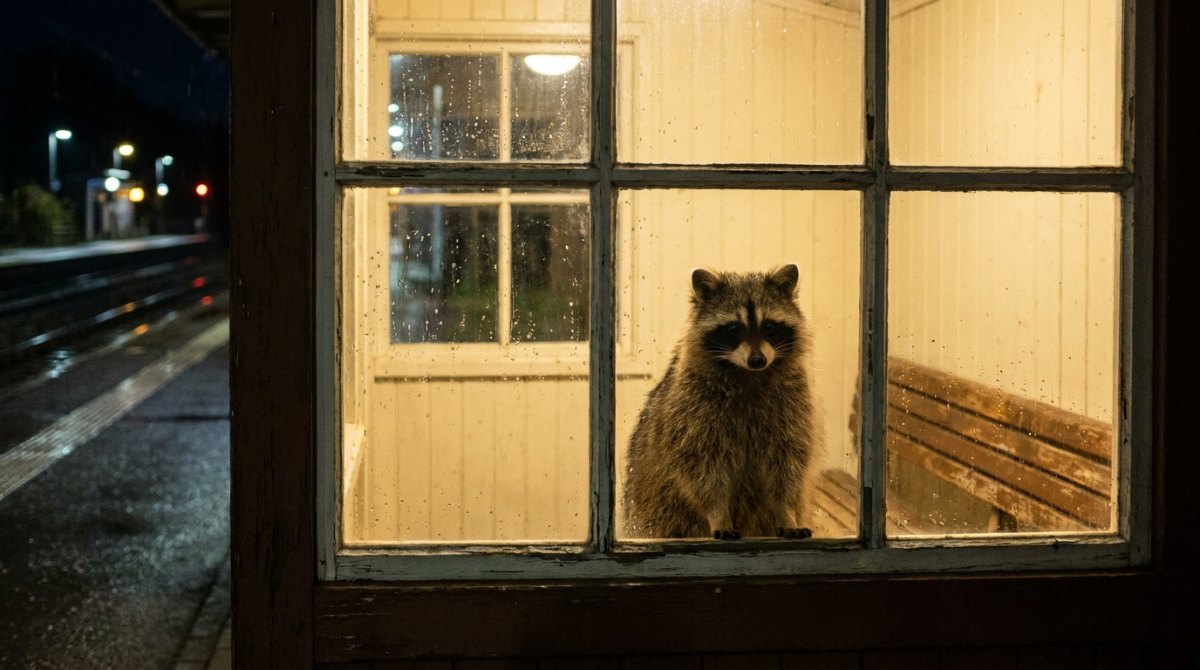 Online-Slams: Waschbär im erleuchteten Wartehäuschen, durch das Fenster gesehen wie auf einem Bildschirm