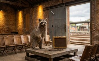 Open Mic im alten Güterschuppen: Waschbär auf der kleinen Bühne neben Mikrofon und Verstärker