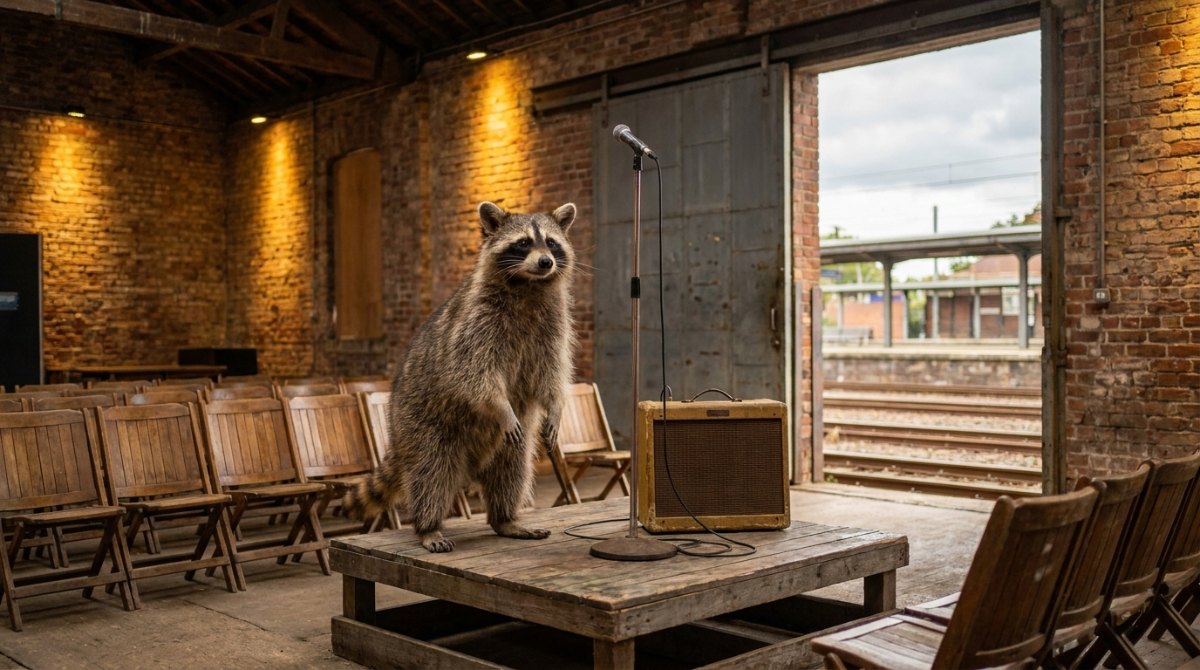 Open Mic im alten Güterschuppen: Waschbär auf der kleinen Bühne neben Mikrofon und Verstärker