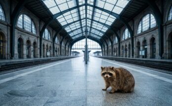 Poetry Slam über die Pandemie: ein Waschbär sitzt allein in einer völlig leeren Bahnhofshalle