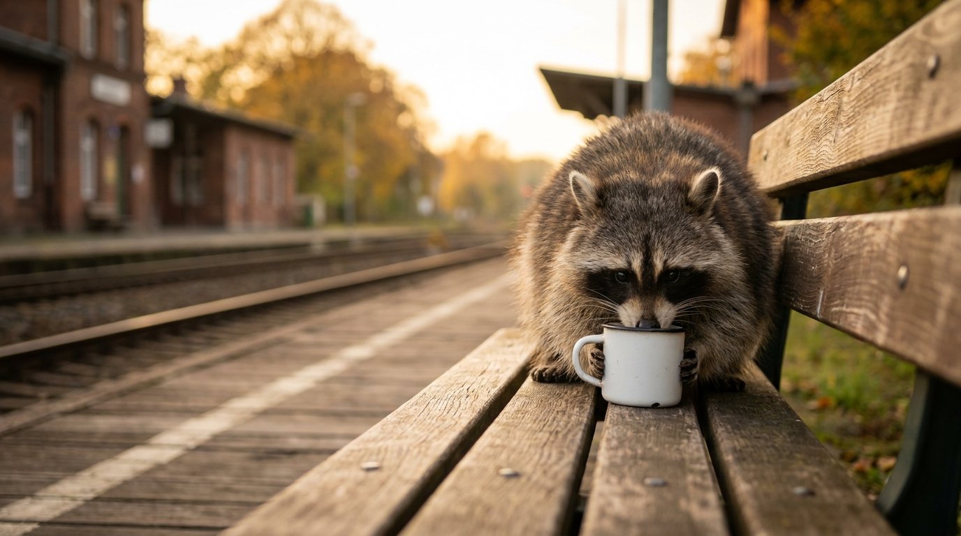 Ein Waschbär sitzt auf einer Bahnsteigbank und untersucht neugierig eine schlichte Emaille-Tasse