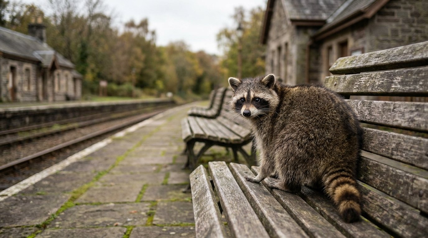 Ein Waschbär erkundet eine lange Reihe leerer Holzbänke auf einem alten Bahnsteig