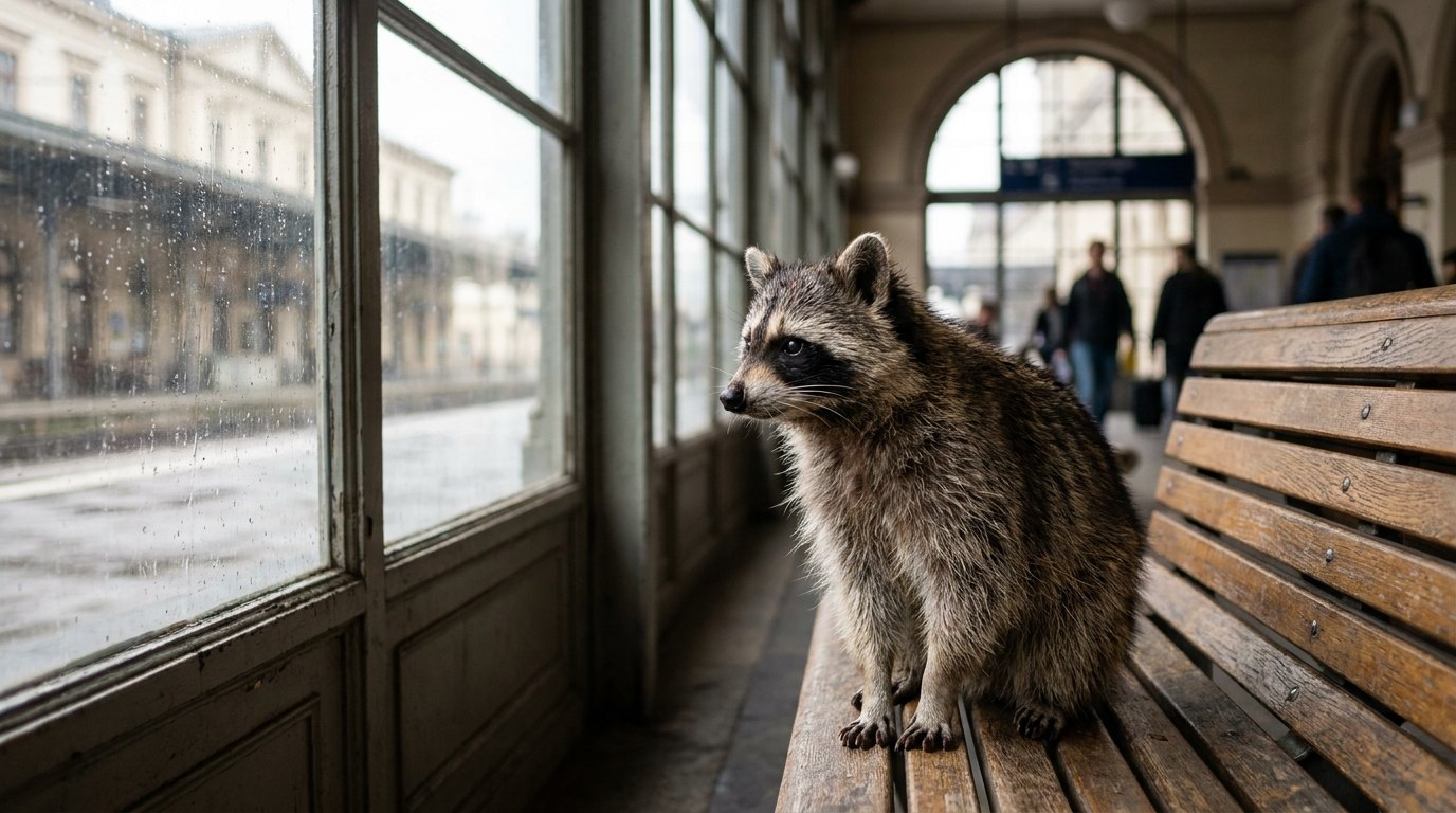 Ein Waschbär sitzt still auf einer Bank am Bahnhof und schaut nachdenklich zur Seite