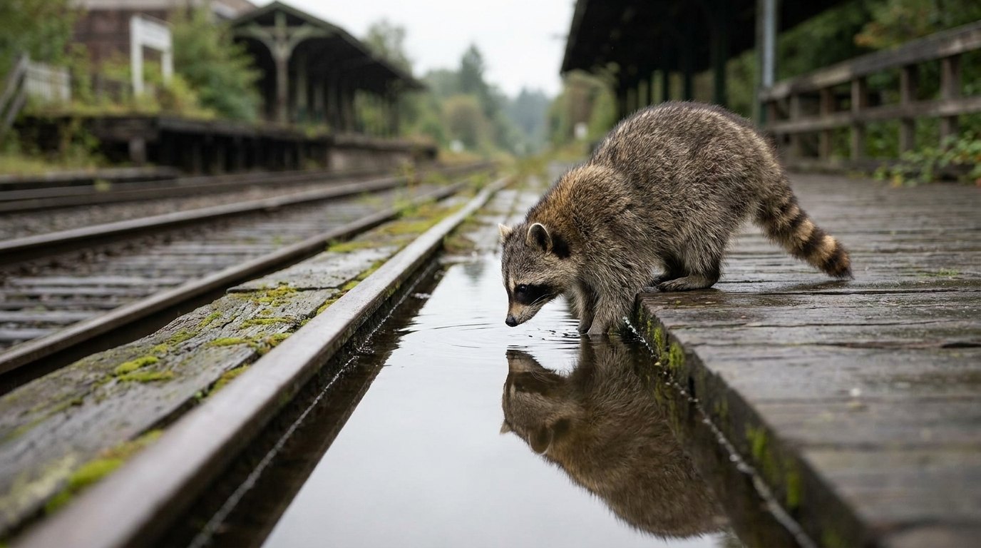 Ein Waschbär betrachtet aufmerksam sein Spiegelbild in einer Pfütze auf dem Bahnsteig