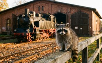 Pause vom Slam: Waschbär auf dem Zaun vor Dampflok und Lokschuppen einer Museumsbahn im Herbst