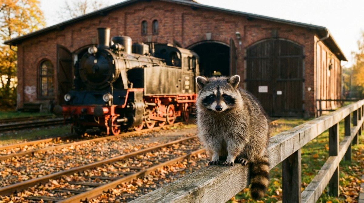 Pause vom Slam: Waschbär auf dem Zaun vor Dampflok und Lokschuppen einer Museumsbahn im Herbst