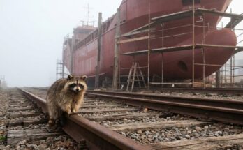 Waschbär auf den Gleisen der Hafenbahn vor einem unfertigen Schiffsrumpf – Perfektionismus loslassen heißt vom Stapel lassen