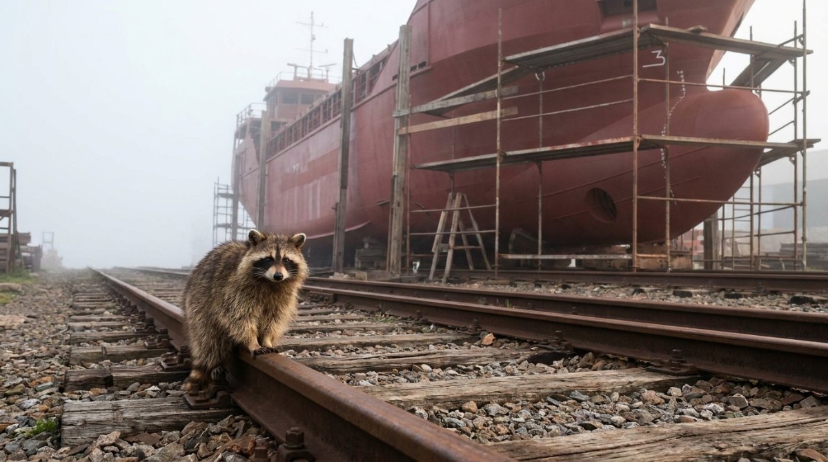 Waschbär auf den Gleisen der Hafenbahn vor einem unfertigen Schiffsrumpf – Perfektionismus loslassen heißt vom Stapel lassen