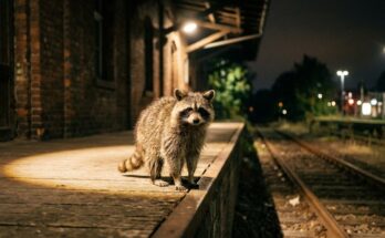 Waschbär im Lichtkegel einer Lampe auf dem Bahnsteig – Performance Poetry