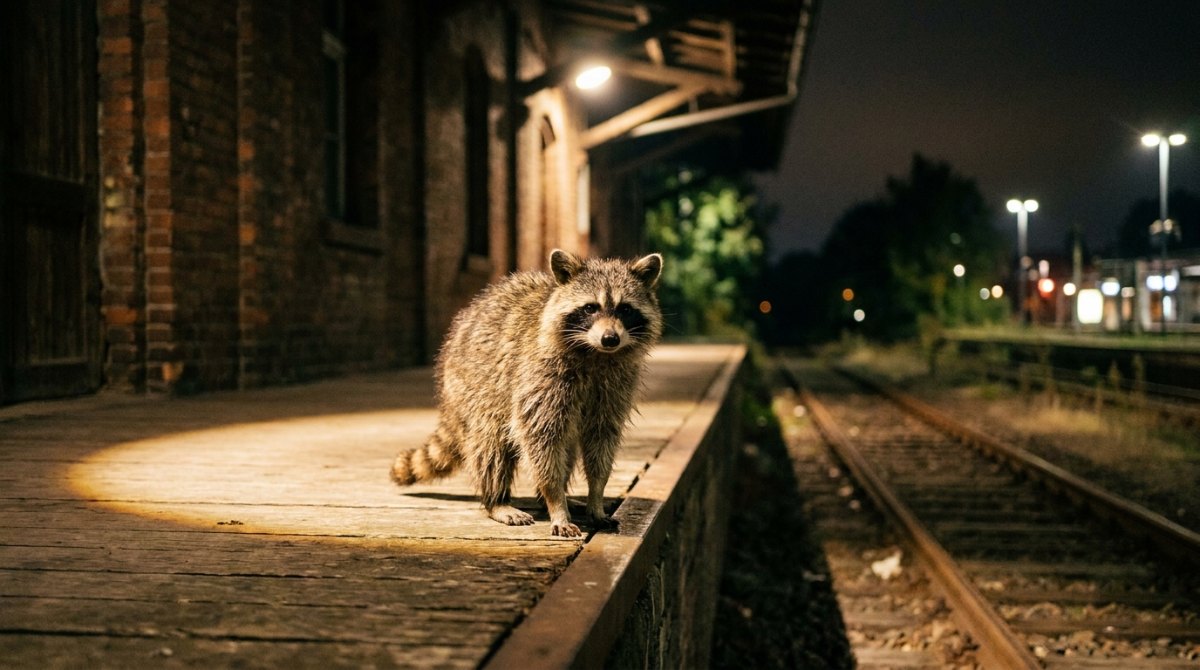 Waschbär im Lichtkegel einer Lampe auf dem Bahnsteig – Performance Poetry