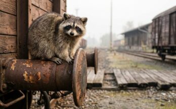 Persönlichkeit mit Puffer: Ein Waschbär sitzt auf dem rostigen Puffer eines alten Güterwagens