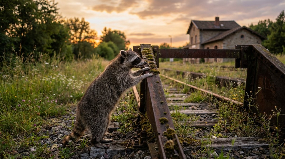 Wo die Persönlichkeit anschlägt: Ein Waschbär stützt sich am Prellbock eines stillgelegten Gleises ab