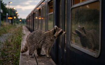 Waschbär betrachtet sein Spiegelbild im Zugfenster – Persönlichkeitsentwicklung