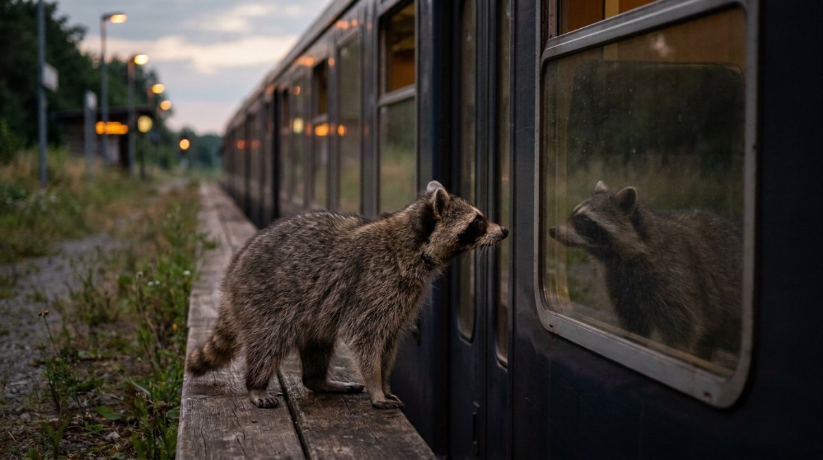 Waschbär betrachtet sein Spiegelbild im Zugfenster – Persönlichkeitsentwicklung