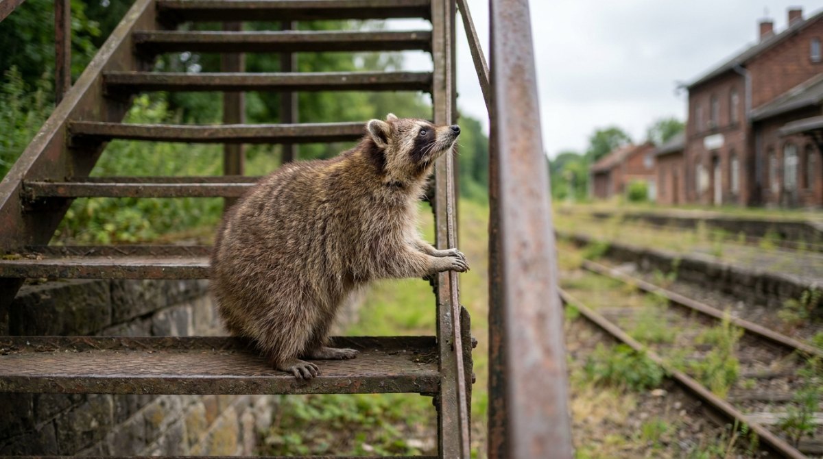 Waschbär auf der Treppe einer alten Fußgängerbrücke am Bahnhof – Persönlichkeitsentwicklung Stufe für Stufe