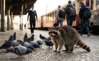 Personal Branding: Ein Waschbär steht auf dem Bahnsteig zwischen lauter grauen Tauben