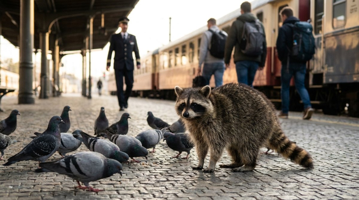 Personal Branding: Ein Waschbär steht auf dem Bahnsteig zwischen lauter grauen Tauben