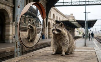 Perspektivwechsel: Waschbär vor einem gewölbten Verkehrsspiegel am Bahnsteig