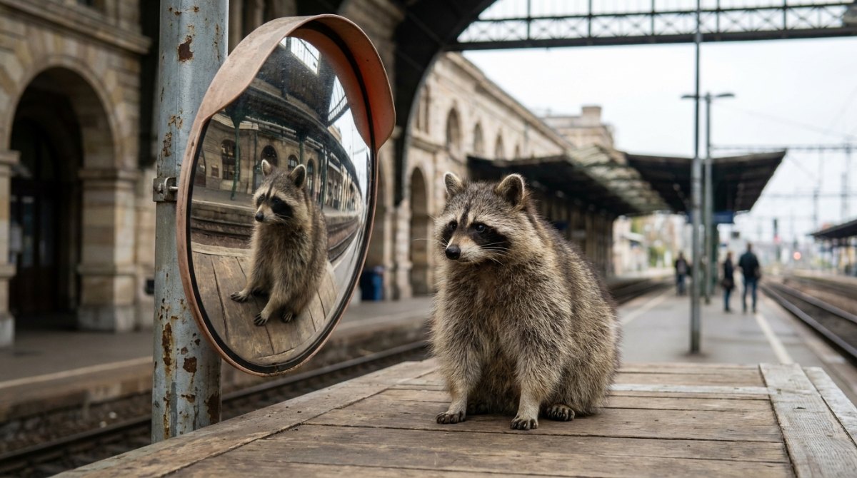 Perspektivwechsel: Waschbär vor einem gewölbten Verkehrsspiegel am Bahnsteig
