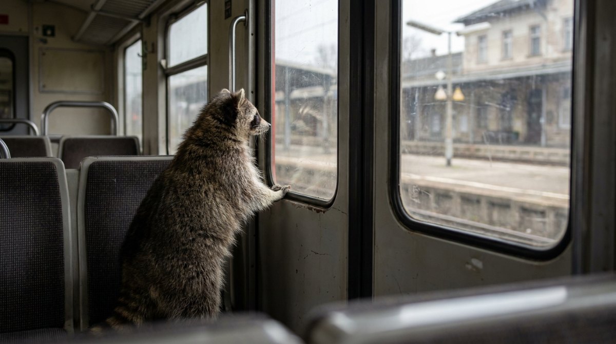 Perspektivwechsel: Waschbär blickt aus der Zugtür auf den leeren Bahnsteig