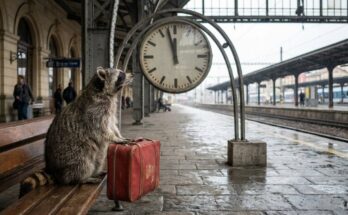 Waschbär wartet mit rotem Koffer unter der Bahnhofsuhr im Regen – Perspektivwechsel im Text