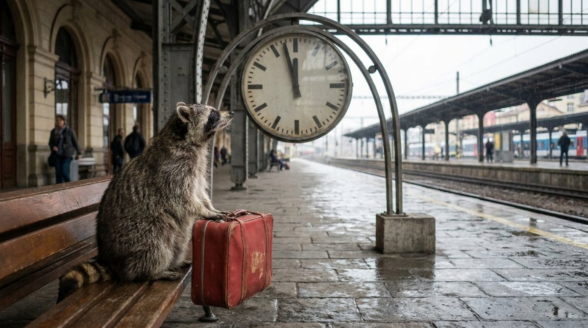 Waschbär wartet mit rotem Koffer unter der Bahnhofsuhr im Regen – Perspektivwechsel im Text