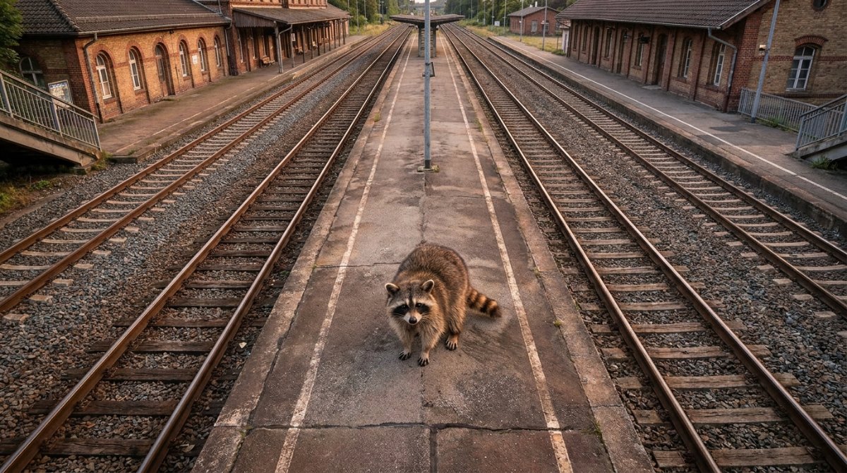 Waschbär auf dem Mittelbahnsteig, von der Fußgängerbrücke aus gesehen – Perspektivwechsel im Text