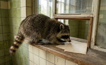 Plagiat vermeiden: Waschbär schnuppert am alten Fahrkartenschalter an zwei leicht versetzten Blättern