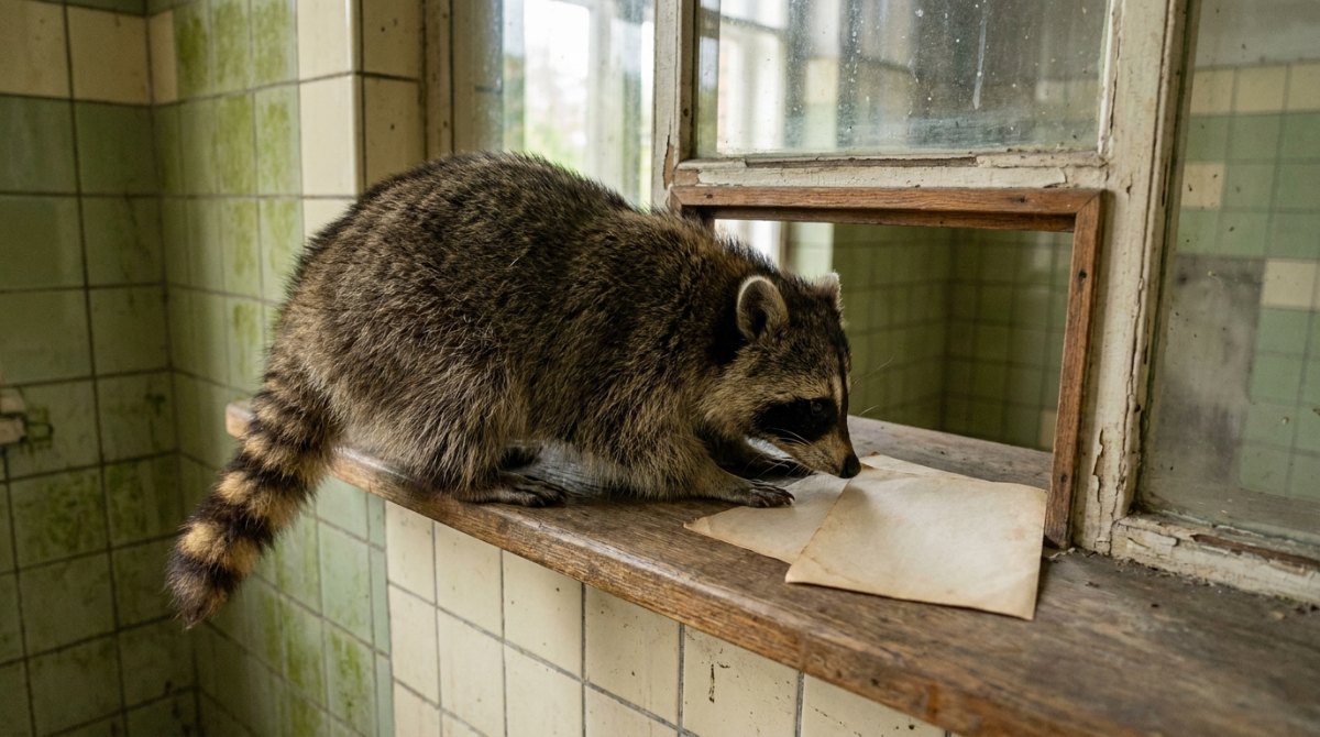 Plagiat vermeiden: Waschbär schnuppert am alten Fahrkartenschalter an zwei leicht versetzten Blättern