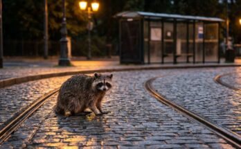 Waschbär zwischen den Gleisen einer Straßenbahn-Wendeschleife am Abend – Plot Twist im Text