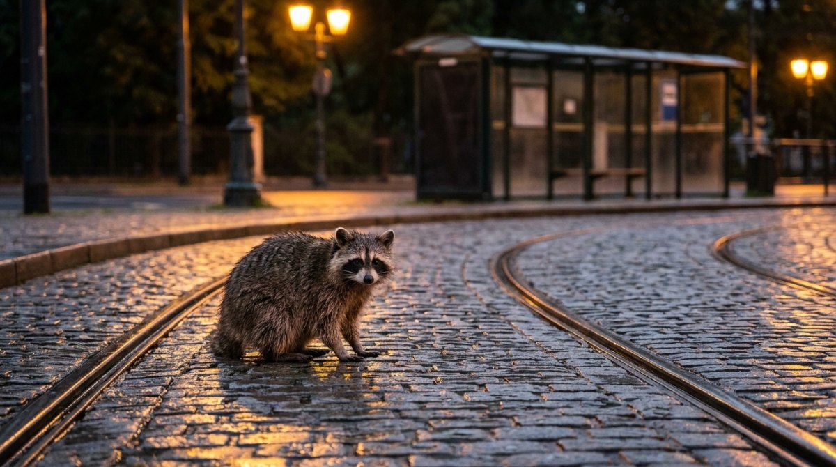 Waschbär zwischen den Gleisen einer Straßenbahn-Wendeschleife am Abend – Plot Twist im Text