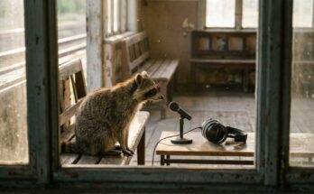 Waschbär im leeren Wartesaal neben Mikrofon und Kopfhörern – Podcast starten