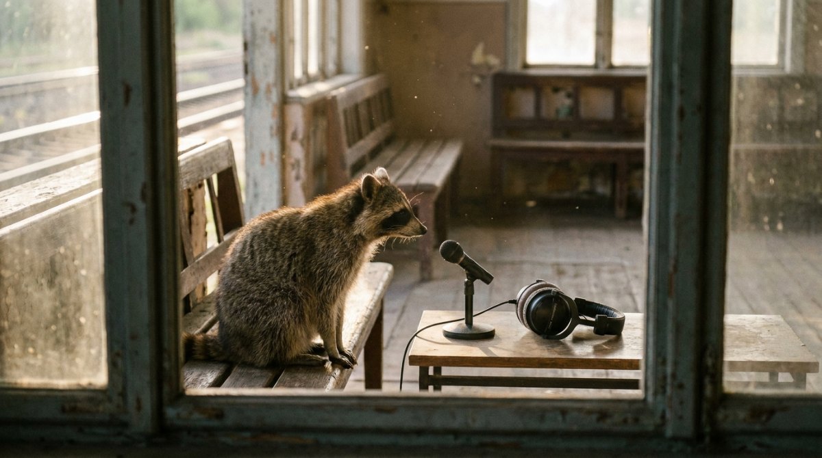 Waschbär im leeren Wartesaal neben Mikrofon und Kopfhörern – Podcast starten