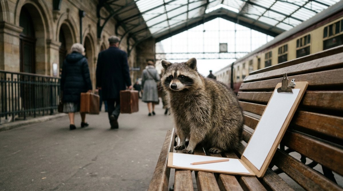 Waschbär auf einer Bahnsteigbank neben einem leeren Klemmbrett – Poetry Slam Anmeldung