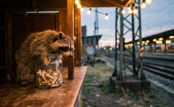 Poetry Slam Auftrittsreihenfolge: Ein Waschbär greift in ein Glas mit Losen an einer Bude neben den Gleisen