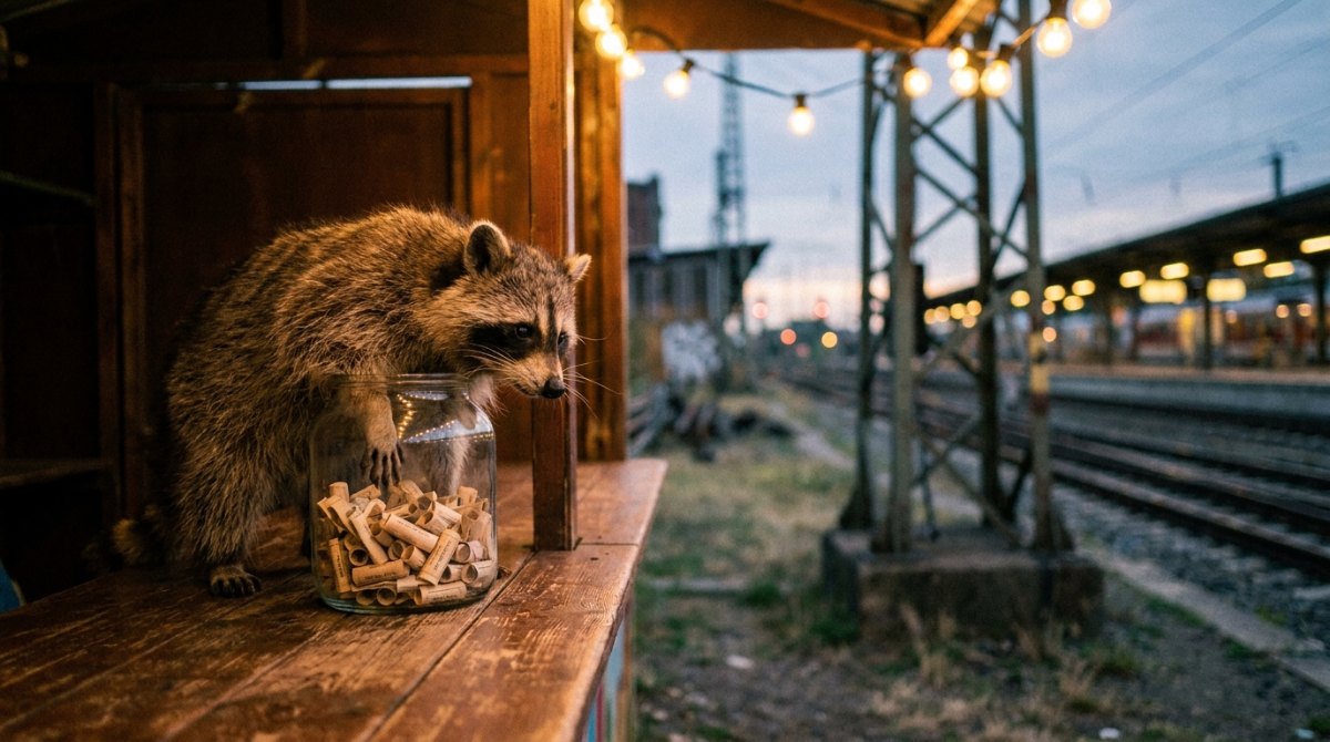 Poetry Slam Auftrittsreihenfolge: Ein Waschbär greift in ein Glas mit Losen an einer Bude neben den Gleisen