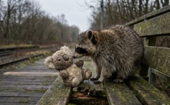 Poetry Slam authentisch schreiben: echter Waschbär beschnuppert einen Plüsch-Koala auf der Bahnsteigbank